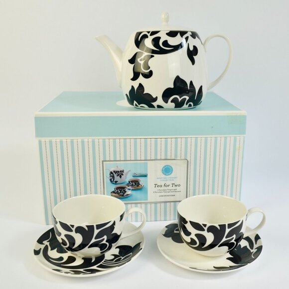 Martha Stewart Tea for Two Lisbon Black White Teapot Saucers Teacups NEW - Picture 1 of 7
